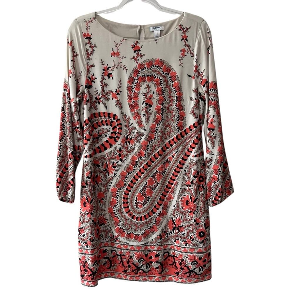 Old Navy Floral Print Long Sleeve Knee Length Shift Dress Cream Multi Size M